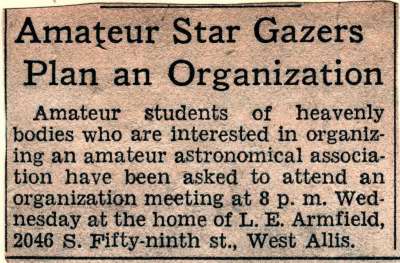 1932 - Ad to form the Milwaukee Astronomical Society
