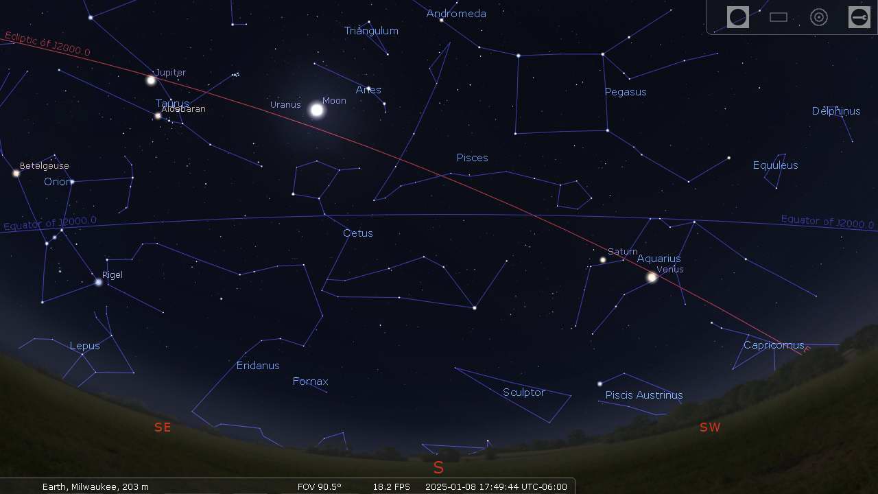 Moon and planets along the ecliptic path - Stellarium