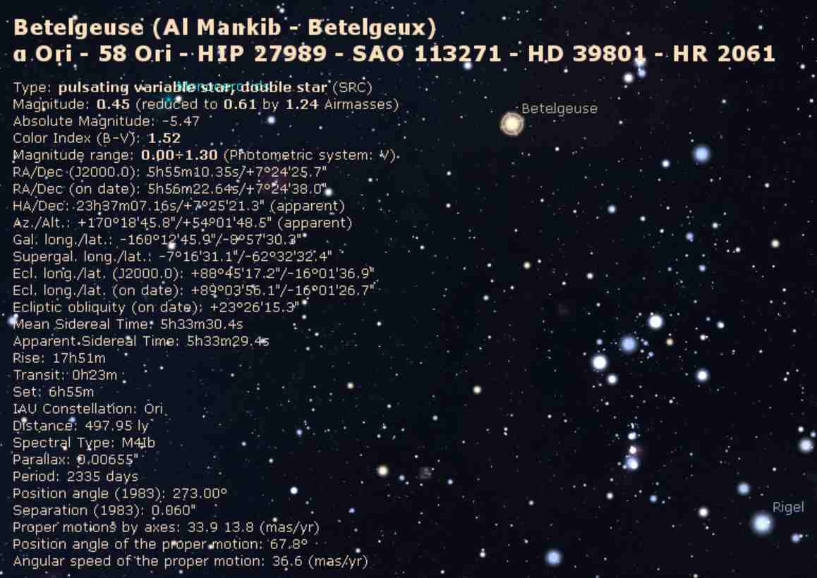 Stellarium info on Betelgeuse showing the various designations.