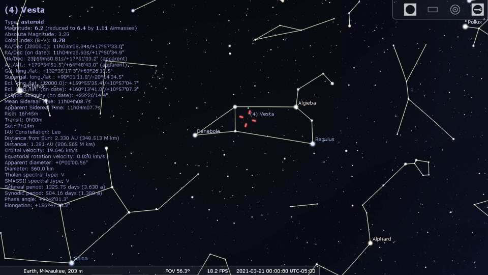 Vesta general sky position - Stellarium