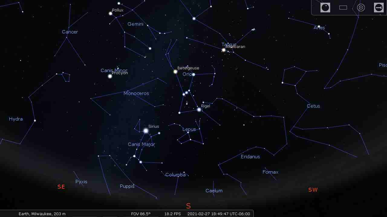 Sky with the brightest stars, constellation lines, and constellation labels - Stellarium
