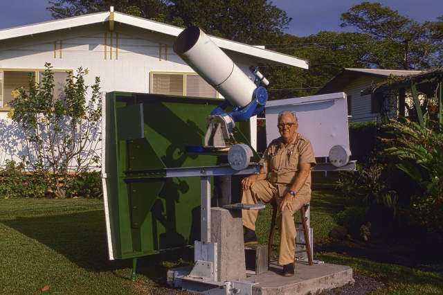 Bill Albrecht at his telescope and observatory on the Big Island of Hawaii.
