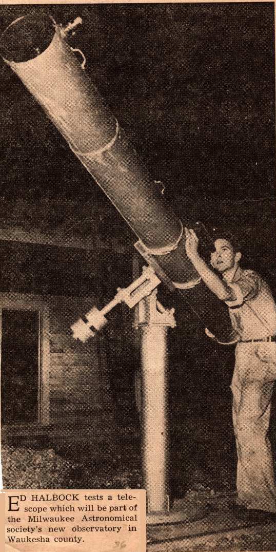 Ed Halbach at Tabbott's 8 inch telescope - Newspaper article in 1936.