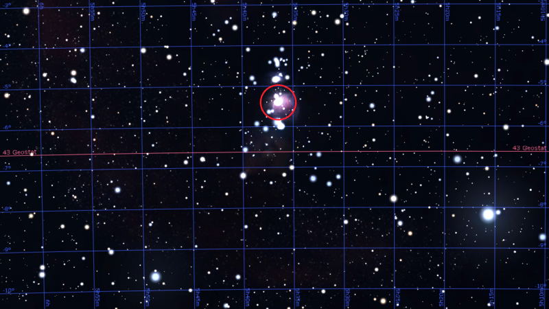 Zoomed in area centered around M42, the Orion Nebula. Stellarium.