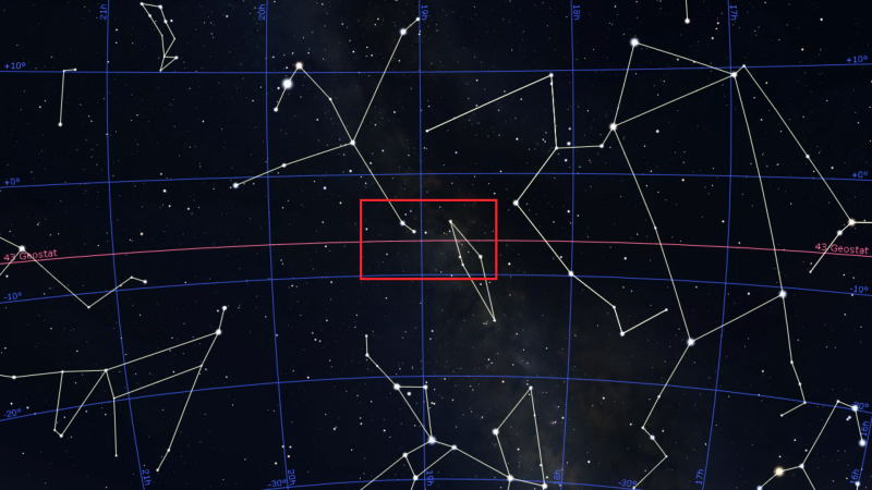 Skyview of the summer sky centered around the constellation Scutum. Stellarium.