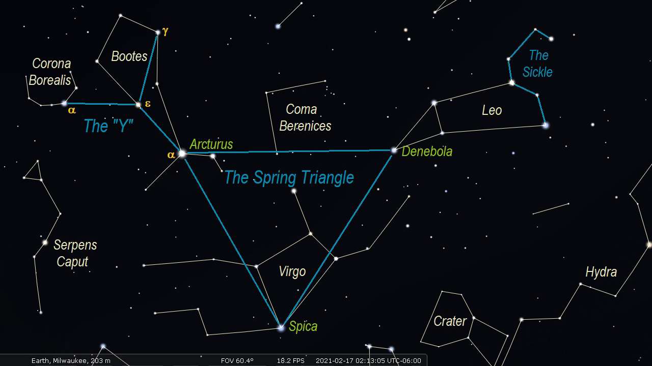 The Spring Triangle, The "Y", and The Sickle Asterisms. Stellarium.