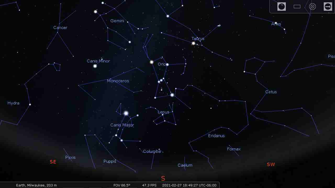 Sky with constellation lines and constellation labels - Stellarium